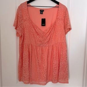 Torrid - Peach Cinch Front Lace Babydoll Top - Size 3 - NWT